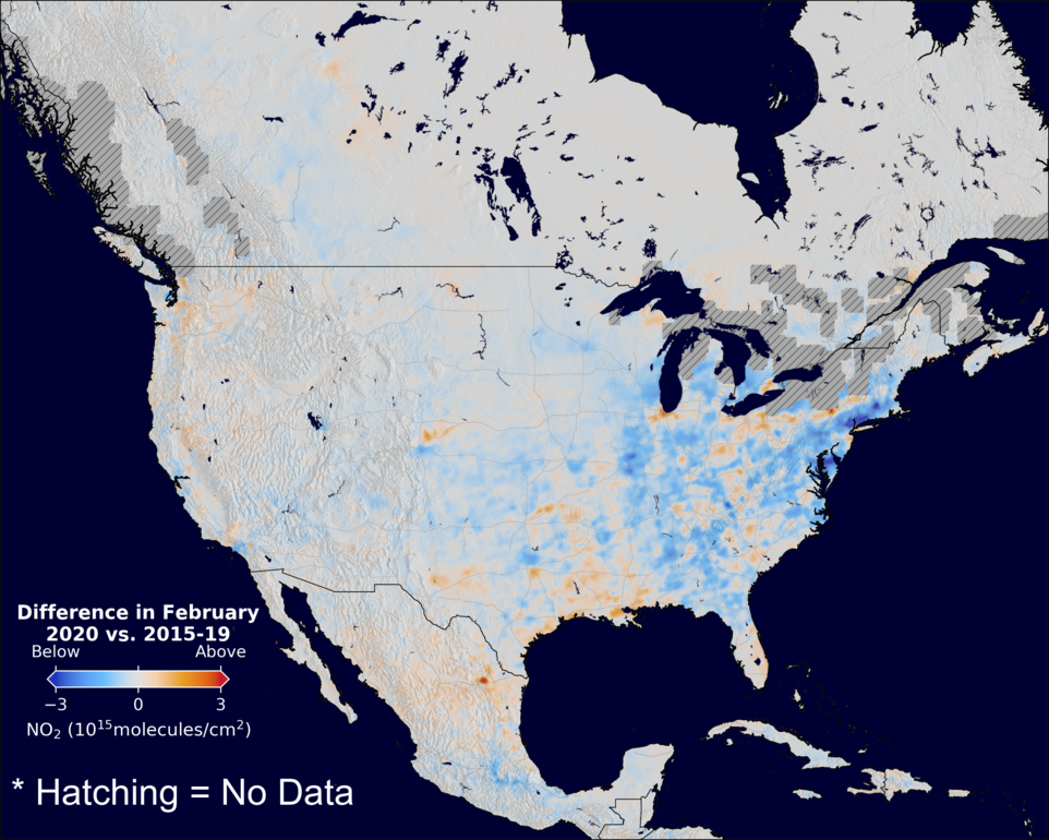 The average minus the baseline nitrogen dioxide image over NorthAmerica for February 2020.