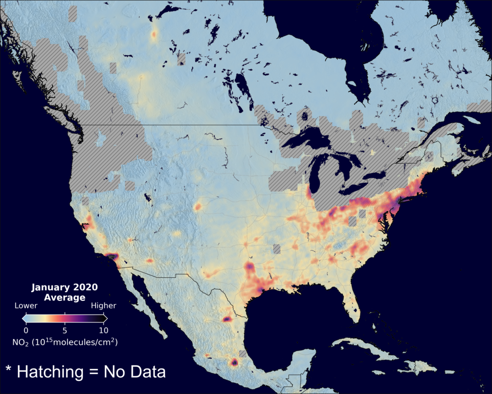 An average nitrogen dioxide image over NorthAmerica for January 2020.