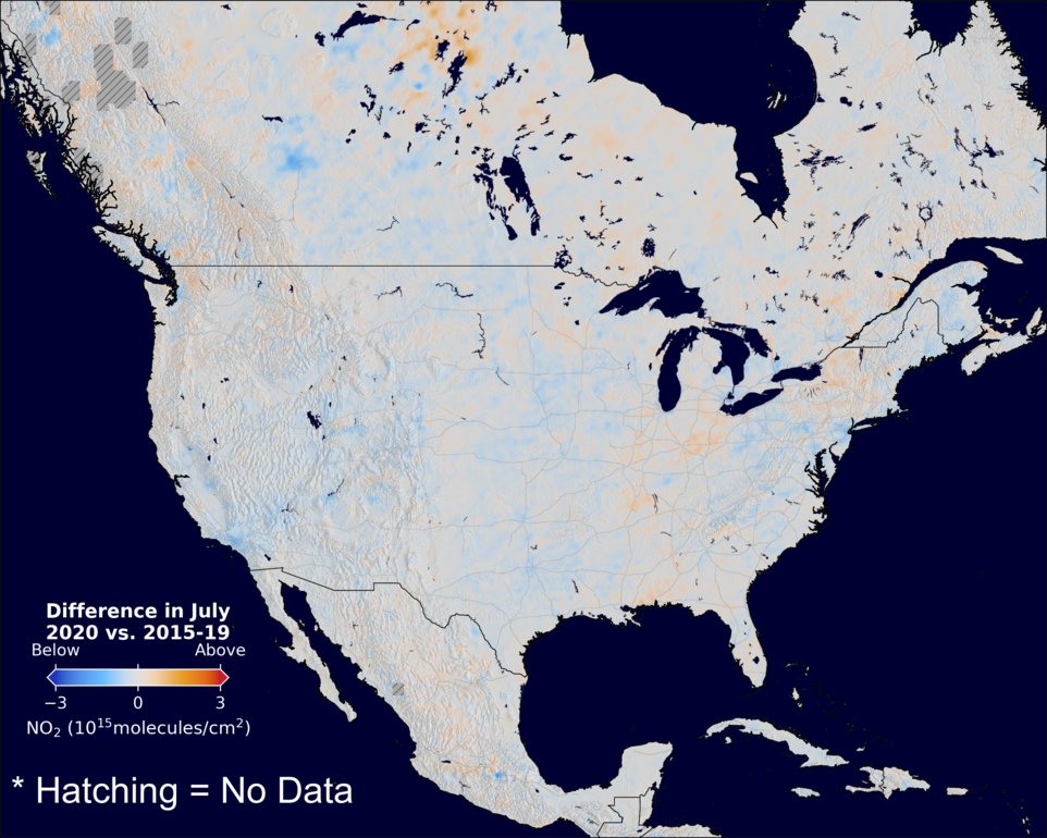 The average minus the baseline nitrogen dioxide image over NorthAmerica for July 2020.