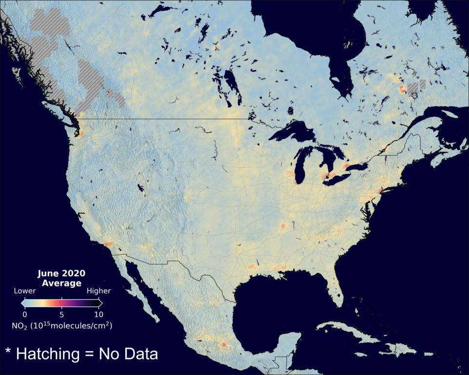 An average nitrogen dioxide image over NorthAmerica for June 2020.