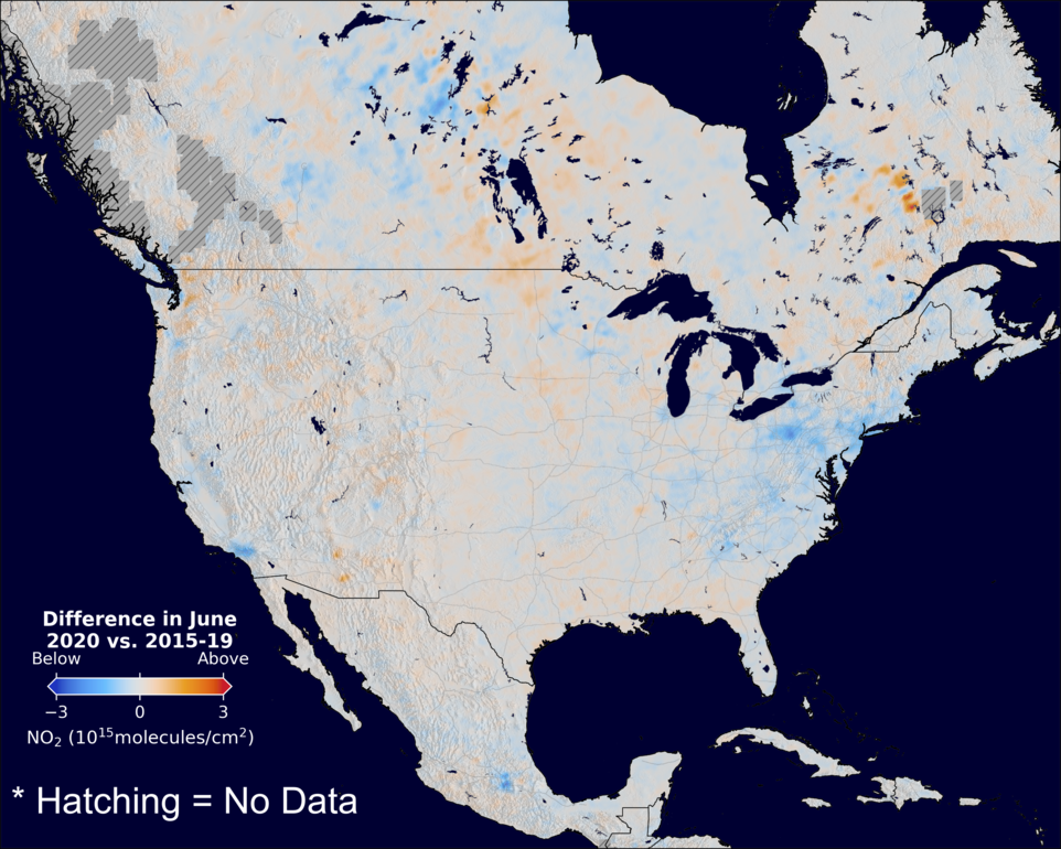 The average minus the baseline nitrogen dioxide image over NorthAmerica for June 2020.