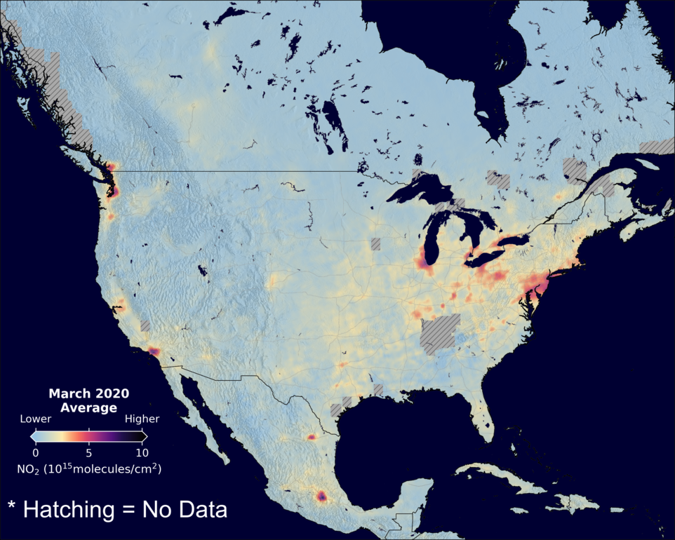 An average nitrogen dioxide image over NorthAmerica for March 2020.