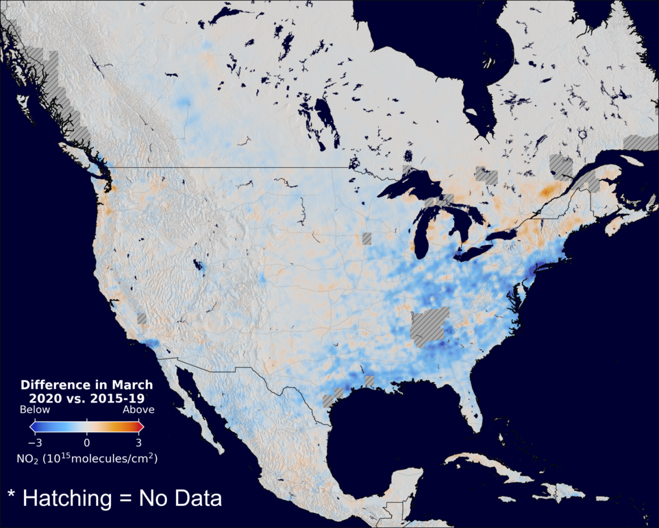 The average minus the baseline nitrogen dioxide image over NorthAmerica for March 2020.