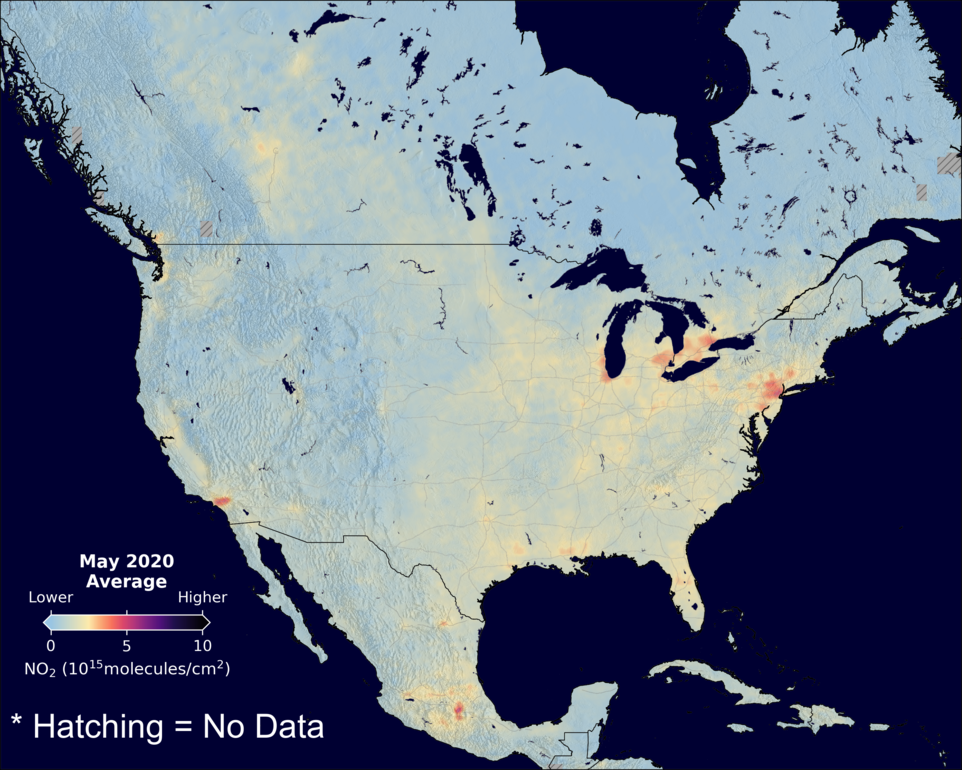 An average nitrogen dioxide image over NorthAmerica for May 2020.