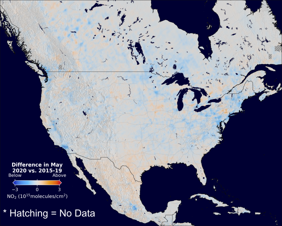 The average minus the baseline nitrogen dioxide image over NorthAmerica for May 2020.