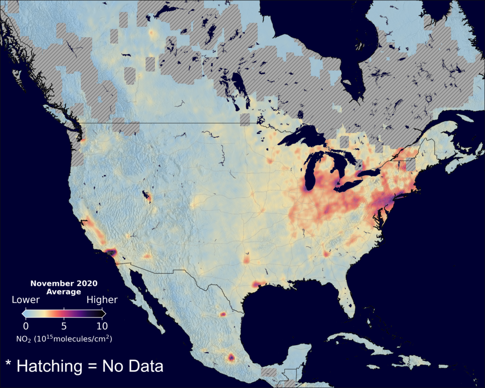 An average nitrogen dioxide image over NorthAmerica for November 2020.