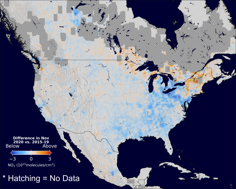 The average minus the baseline nitrogen dioxide image over NorthAmerica for November 2020.