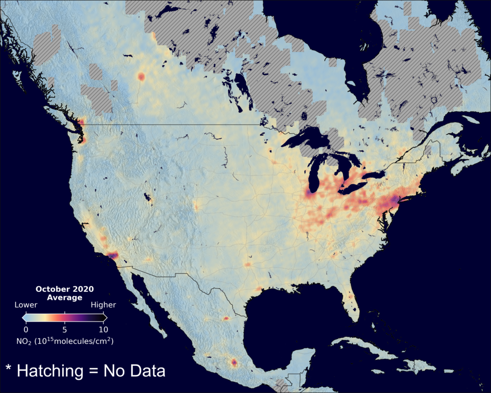 An average nitrogen dioxide image over NorthAmerica for October 2020.