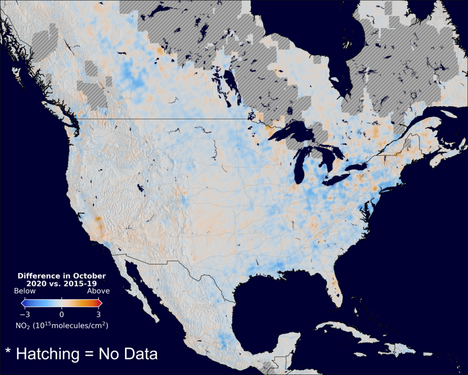 The average minus the baseline nitrogen dioxide image over NorthAmerica for October 2020.