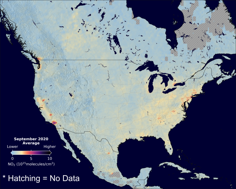 An average nitrogen dioxide image over NorthAmerica for September 2020.