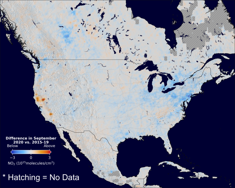 The average minus the baseline nitrogen dioxide image over NorthAmerica for September 2020.