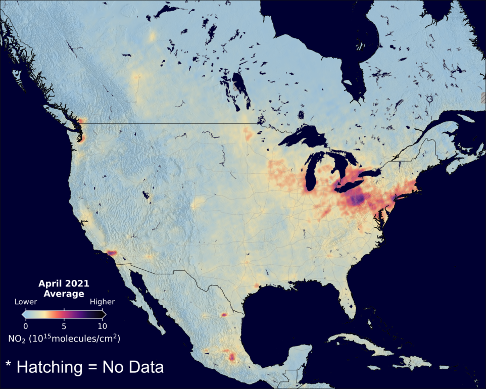 An average nitrogen dioxide image over NorthAmerica for April 2021.