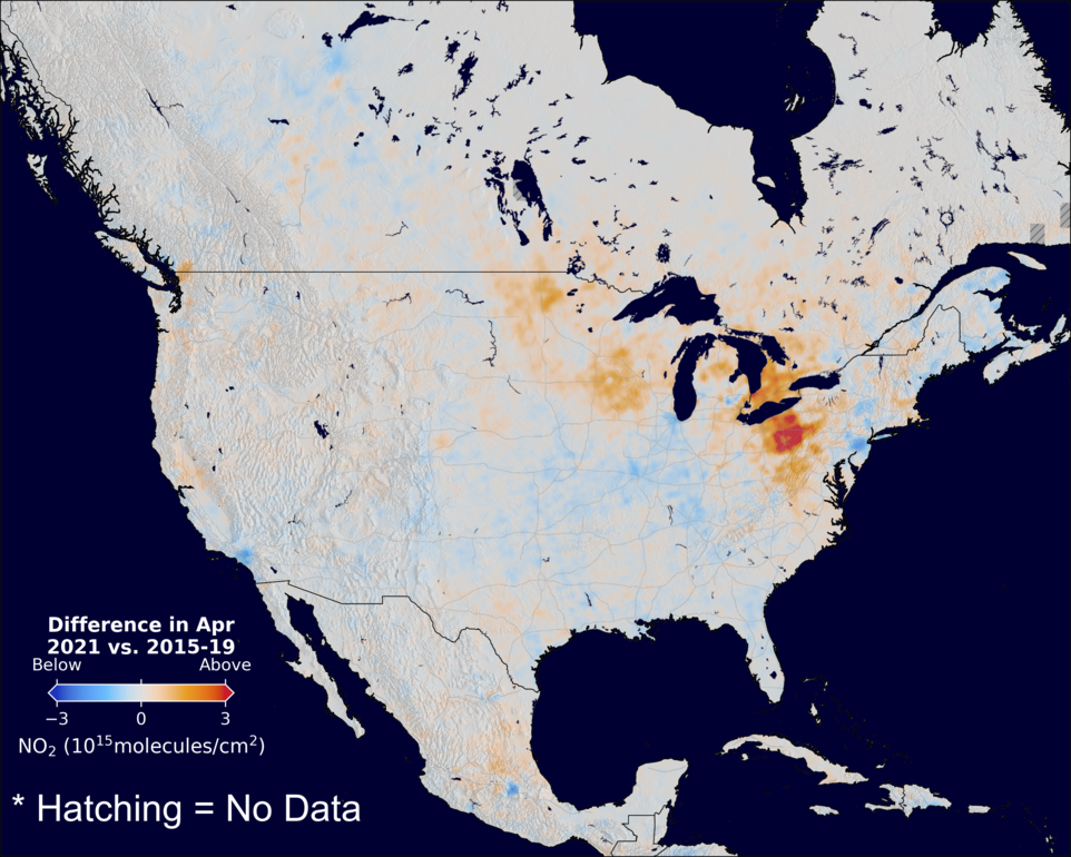 The average minus the baseline nitrogen dioxide image over NorthAmerica for April 2021.