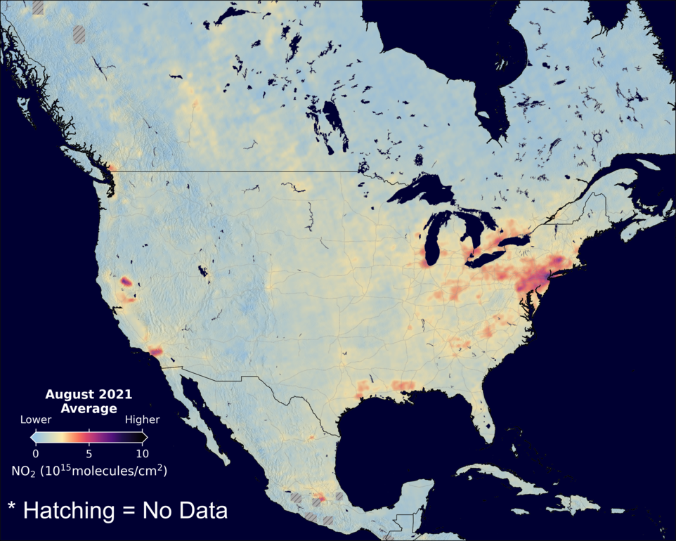 An average nitrogen dioxide image over NorthAmerica for August 2021.
