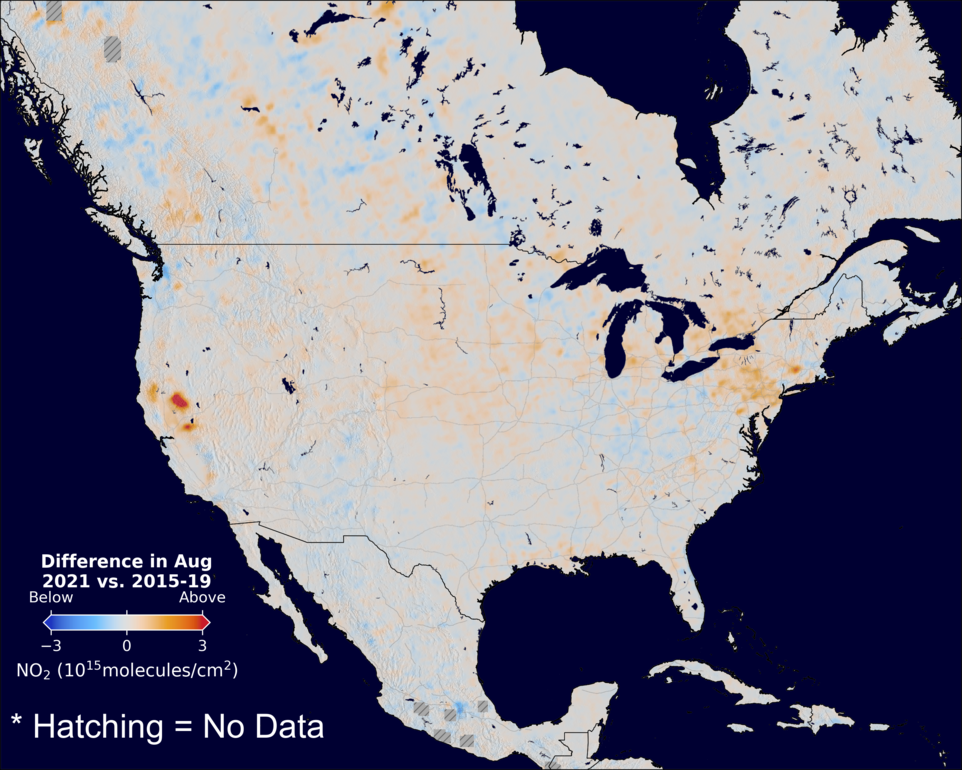 The average minus the baseline nitrogen dioxide image over NorthAmerica for August 2021.