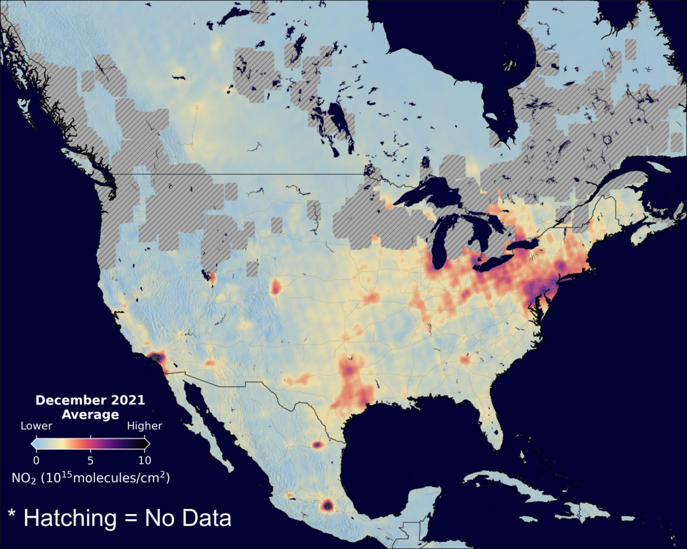 An average nitrogen dioxide image over NorthAmerica for December 2021.
