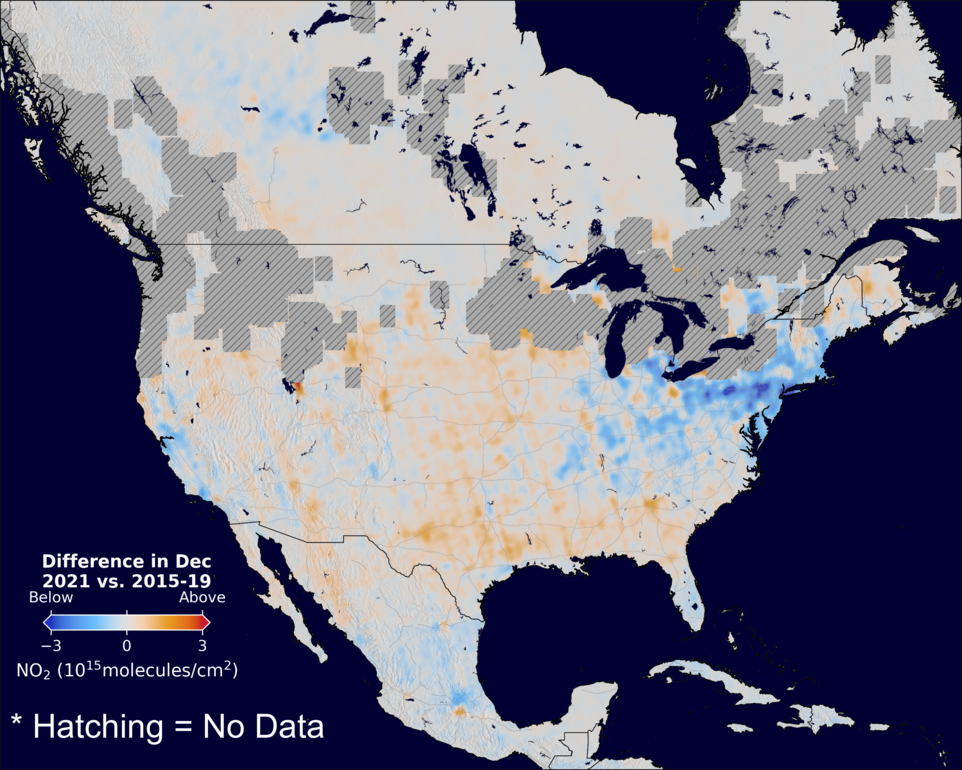 The average minus the baseline nitrogen dioxide image over NorthAmerica for December 2021.