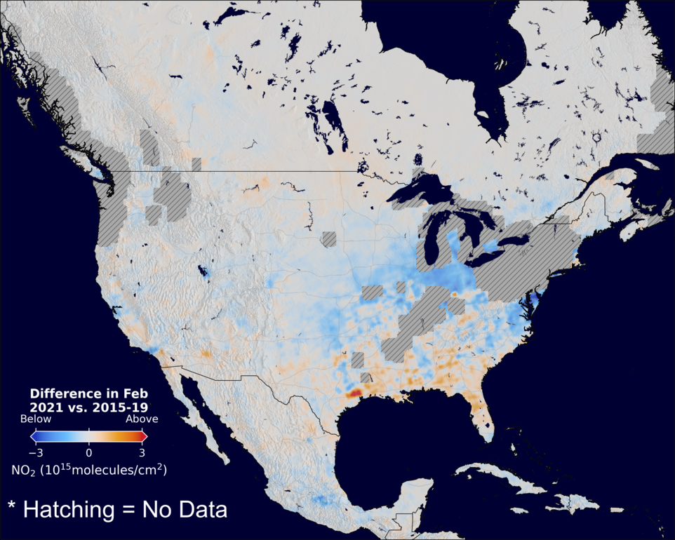 The average minus the baseline nitrogen dioxide image over NorthAmerica for February 2021.