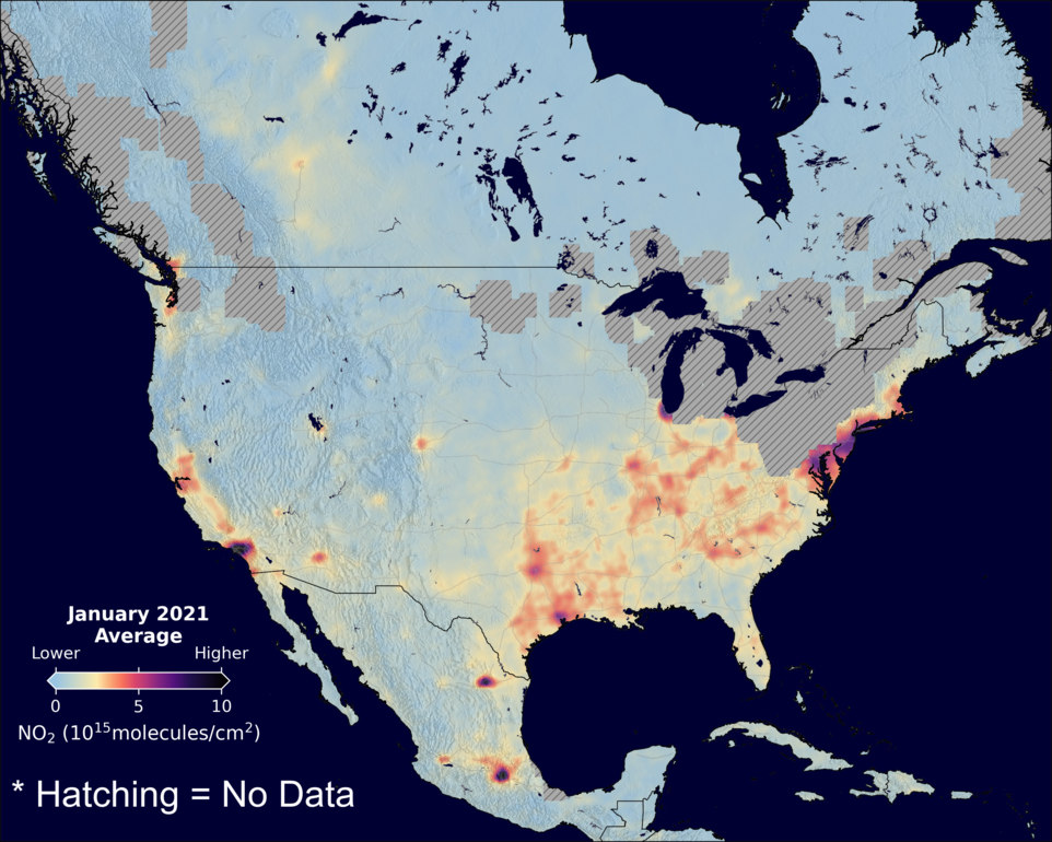 An average nitrogen dioxide image over NorthAmerica for January 2021.