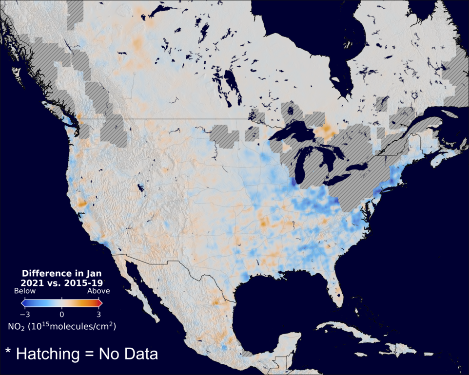 The average minus the baseline nitrogen dioxide image over NorthAmerica for January 2021.