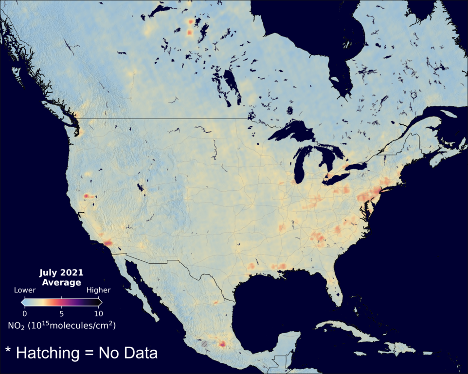 An average nitrogen dioxide image over NorthAmerica for July 2021.