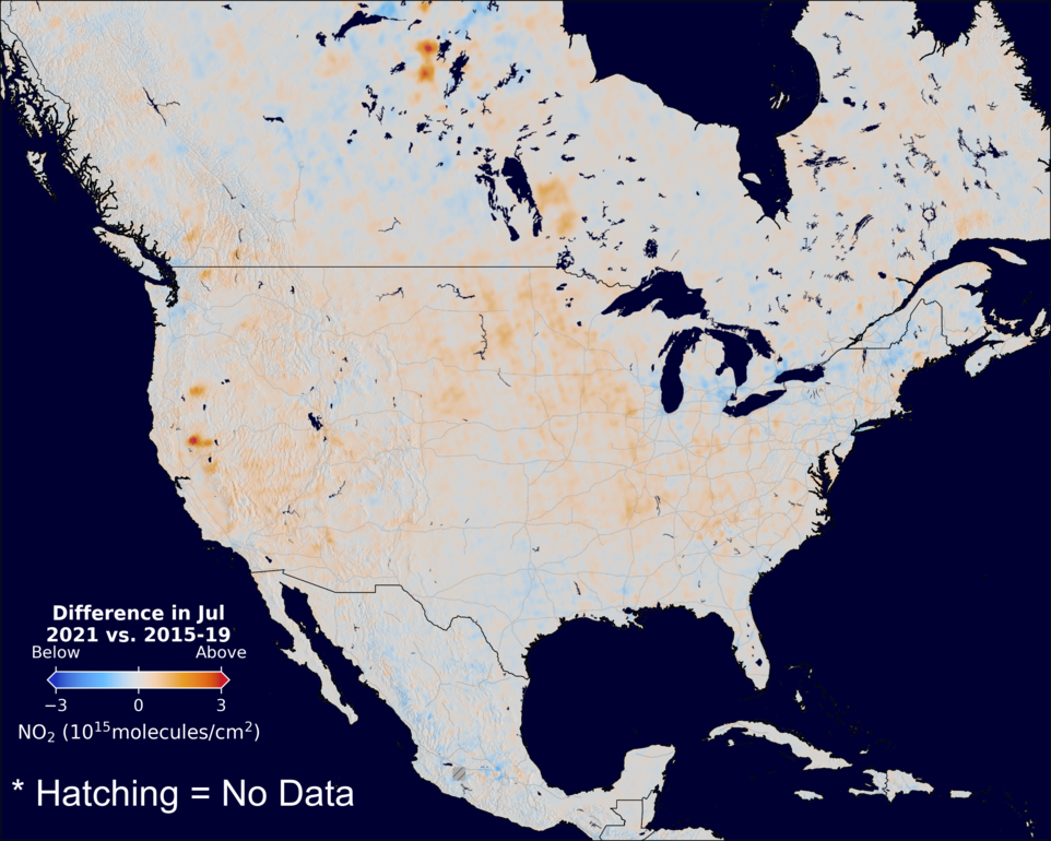 The average minus the baseline nitrogen dioxide image over NorthAmerica for July 2021.
