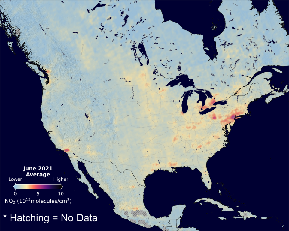 An average nitrogen dioxide image over NorthAmerica for June 2021.