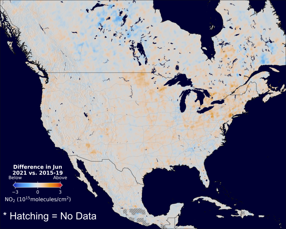 The average minus the baseline nitrogen dioxide image over NorthAmerica for June 2021.
