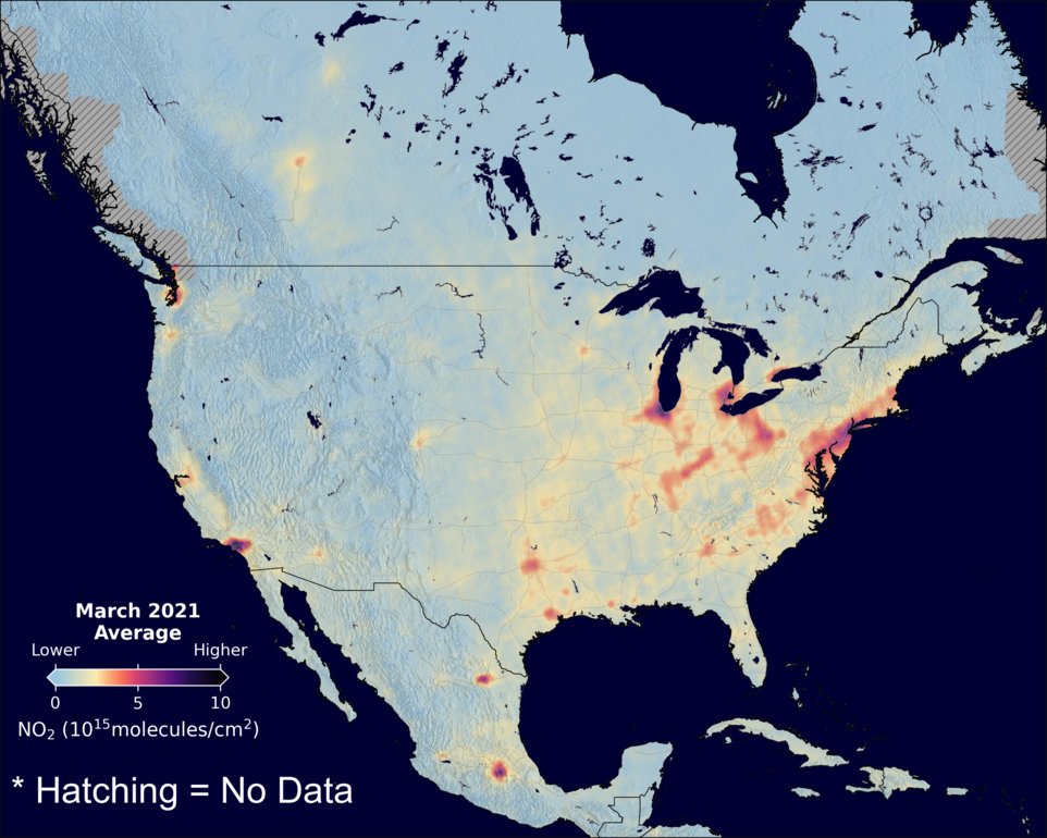 An average nitrogen dioxide image over NorthAmerica for March 2021.