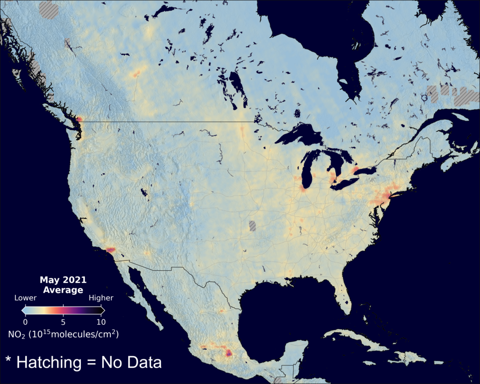 An average nitrogen dioxide image over NorthAmerica for May 2021.
