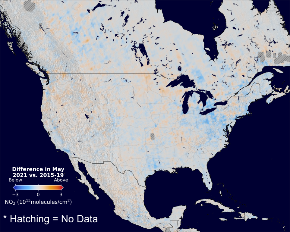 The average minus the baseline nitrogen dioxide image over NorthAmerica for May 2021.