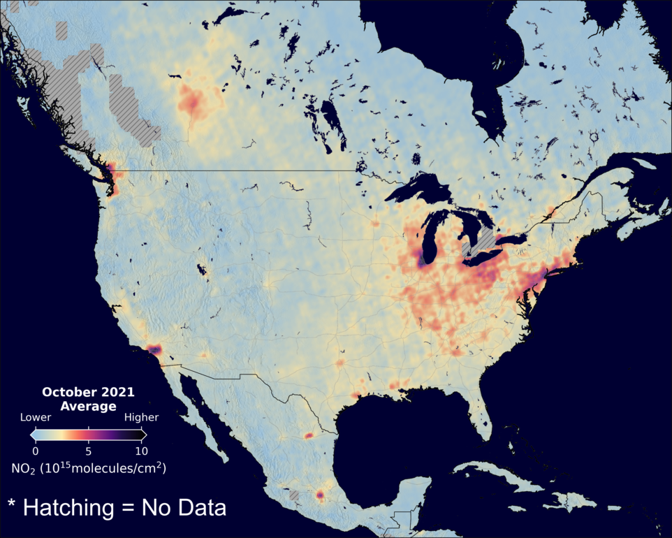 An average nitrogen dioxide image over NorthAmerica for October 2021.