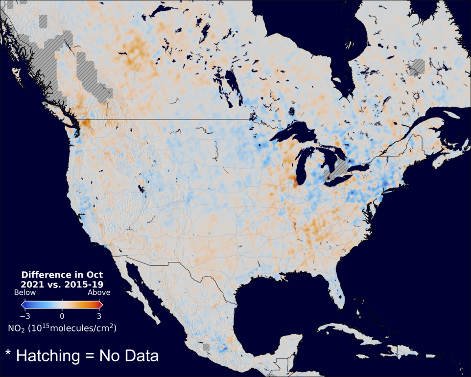 The average minus the baseline nitrogen dioxide image over NorthAmerica for October 2021.