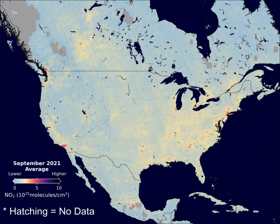 An average nitrogen dioxide image over NorthAmerica for September 2021.