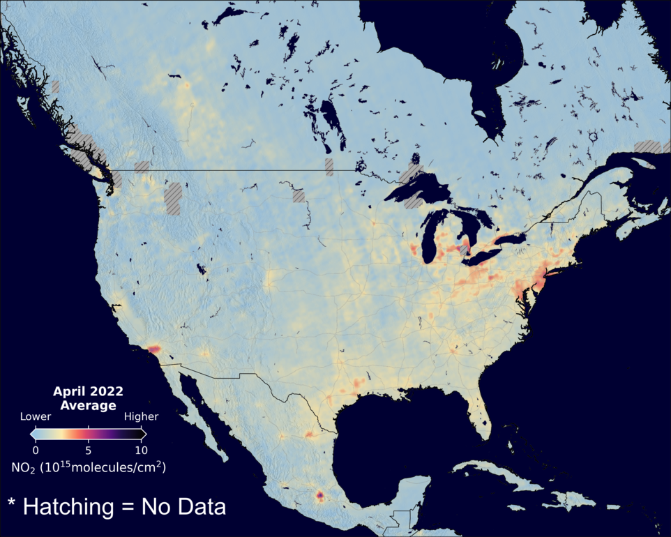 An average nitrogen dioxide image over NorthAmerica for April 2022.