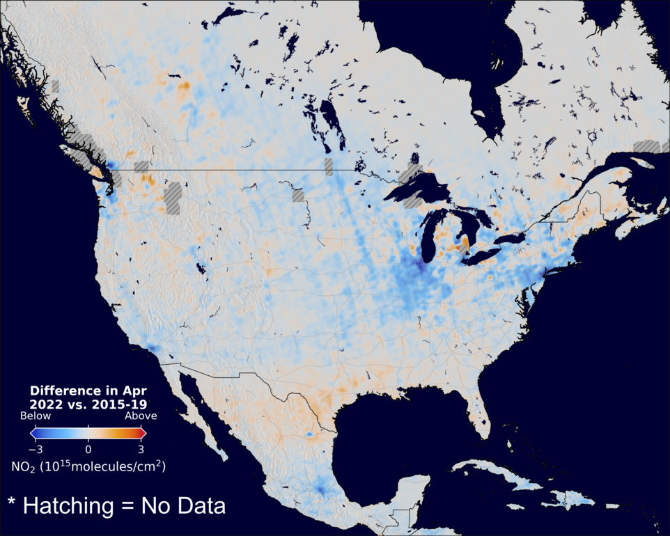 The average minus the baseline nitrogen dioxide image over NorthAmerica for April 2022.