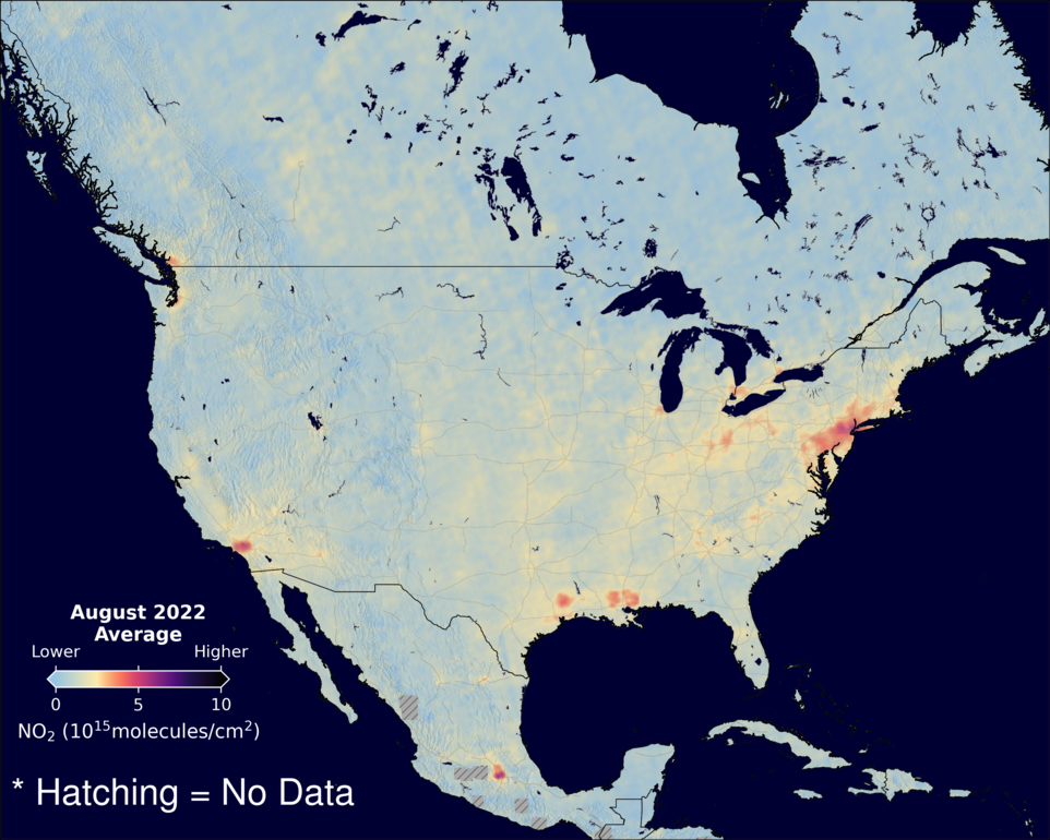 An average nitrogen dioxide image over NorthAmerica for August 2022.