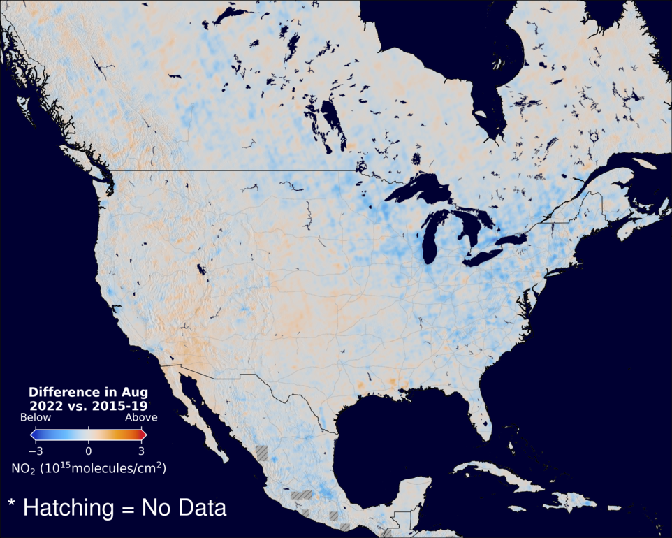 The average minus the baseline nitrogen dioxide image over NorthAmerica for August 2022.