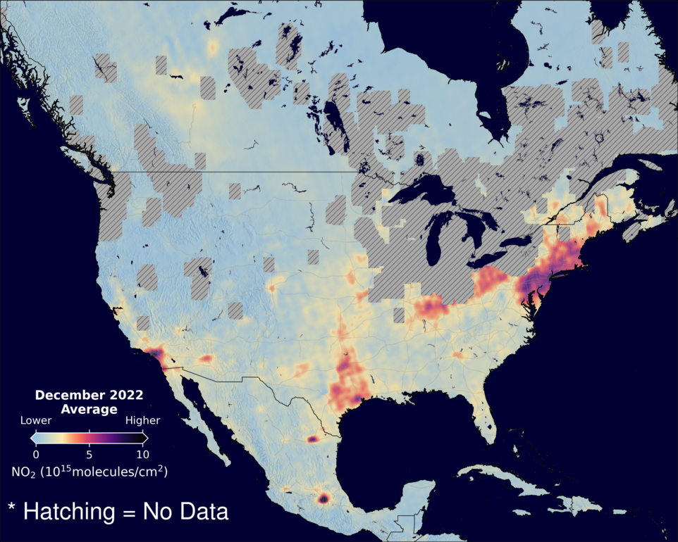 An average nitrogen dioxide image over NorthAmerica for December 2022.