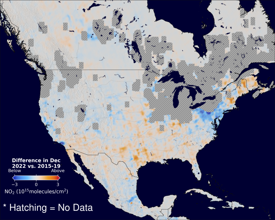 The average minus the baseline nitrogen dioxide image over NorthAmerica for December 2022.