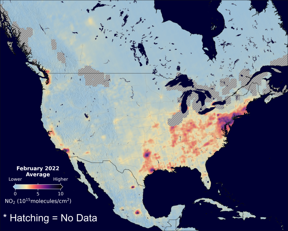 An average nitrogen dioxide image over NorthAmerica for February 2022.