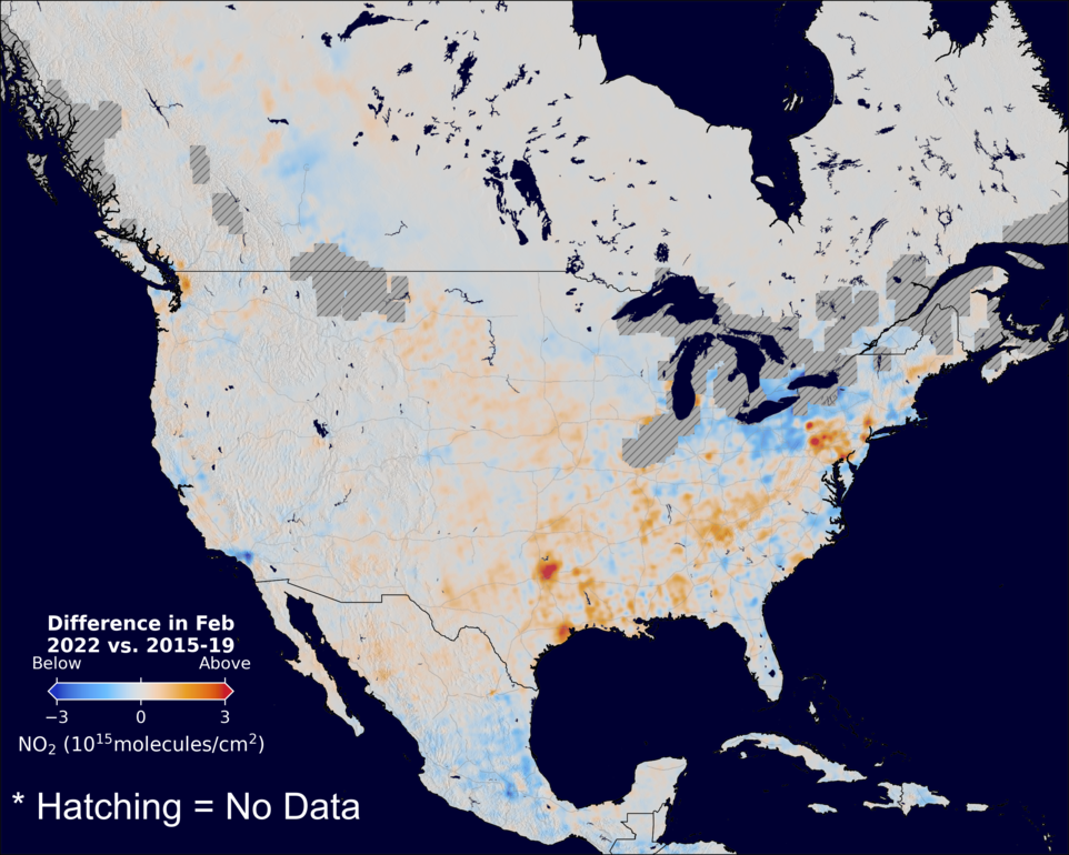 The average minus the baseline nitrogen dioxide image over NorthAmerica for February 2022.