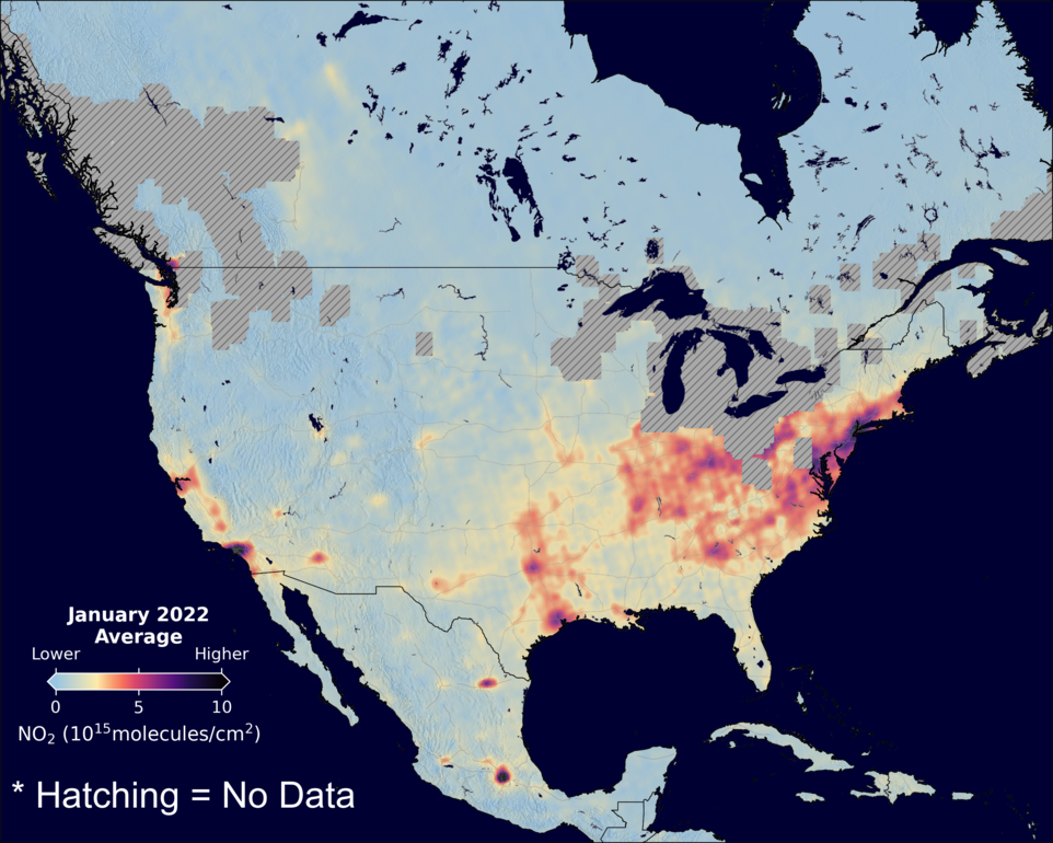 An average nitrogen dioxide image over NorthAmerica for January 2022.