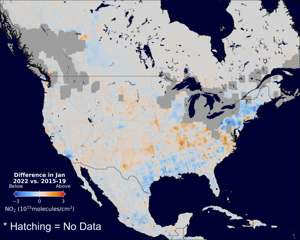 The average minus the baseline nitrogen dioxide image over NorthAmerica for January 2022.