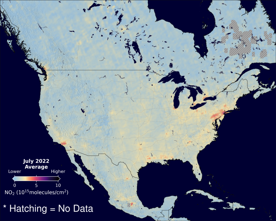 An average nitrogen dioxide image over NorthAmerica for July 2022.