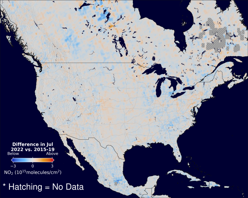 The average minus the baseline nitrogen dioxide image over NorthAmerica for July 2022.