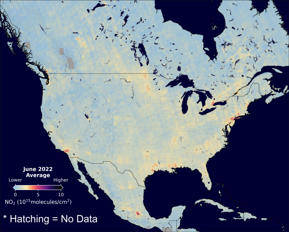 An average nitrogen dioxide image over NorthAmerica for June 2022.
