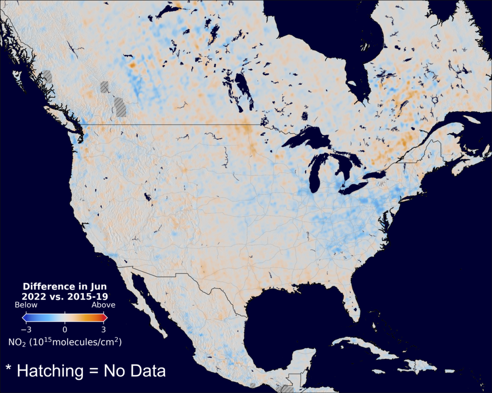 The average minus the baseline nitrogen dioxide image over NorthAmerica for June 2022.