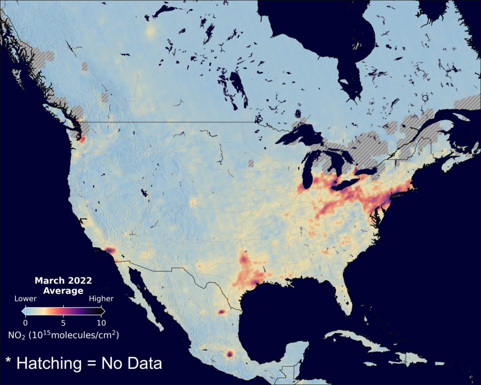 An average nitrogen dioxide image over NorthAmerica for March 2022.