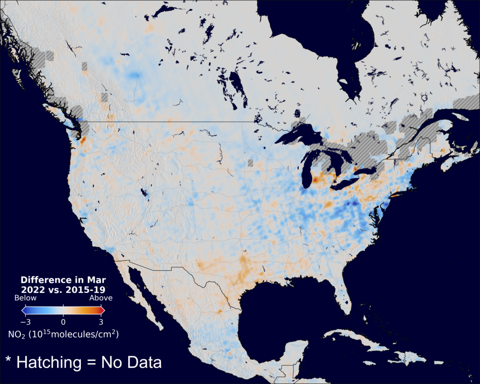 The average minus the baseline nitrogen dioxide image over NorthAmerica for March 2022.